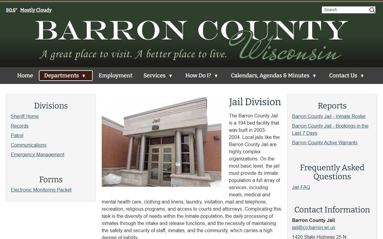 Barron County Jail Division page with jail capacity and contact information