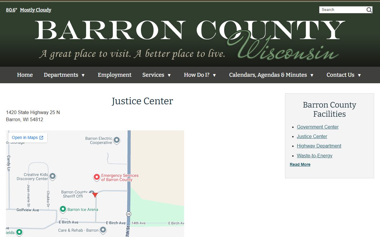 Barron County Justice Center page with address and map placement note